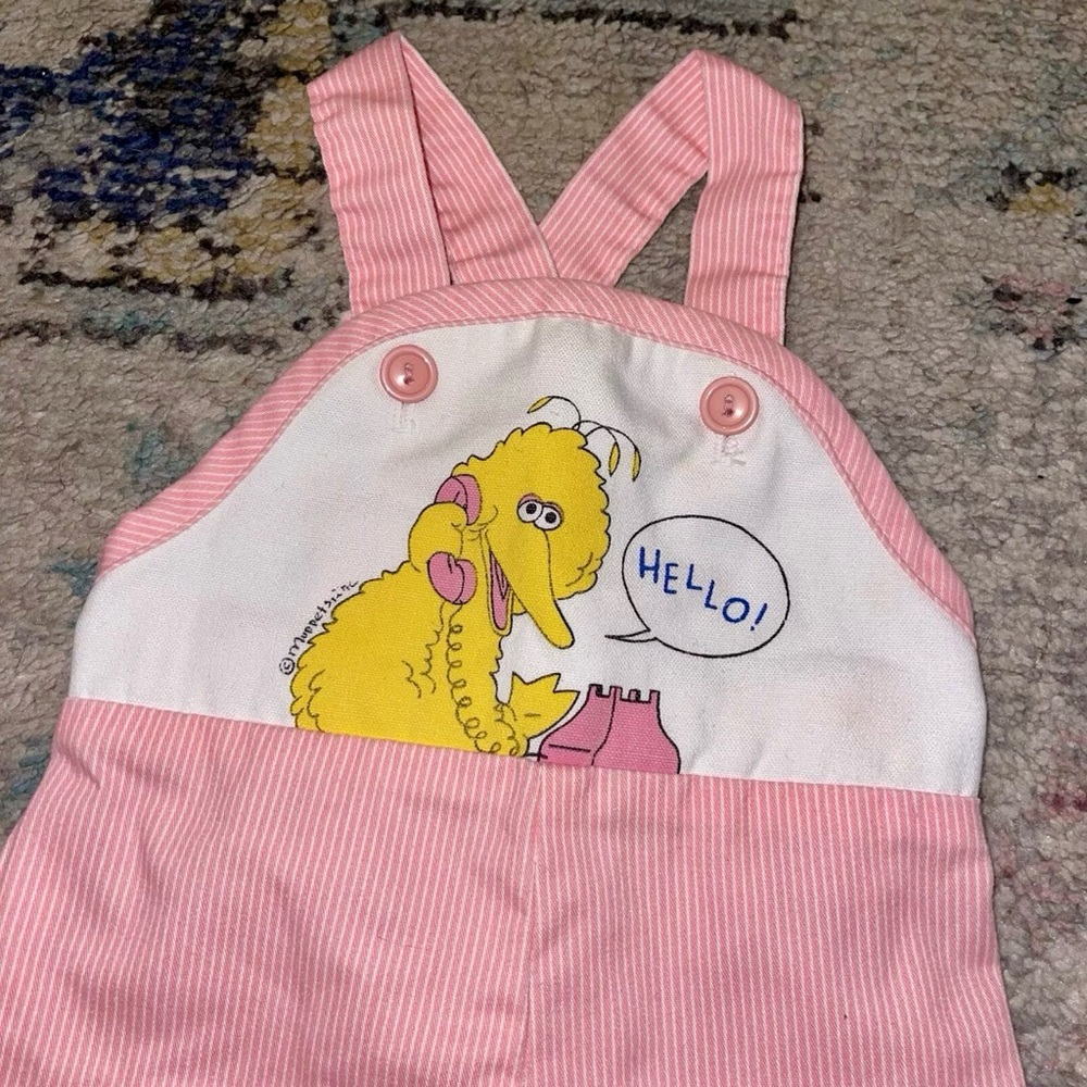 Vintage Sesame Street Big Bird Pink White striped Overalls